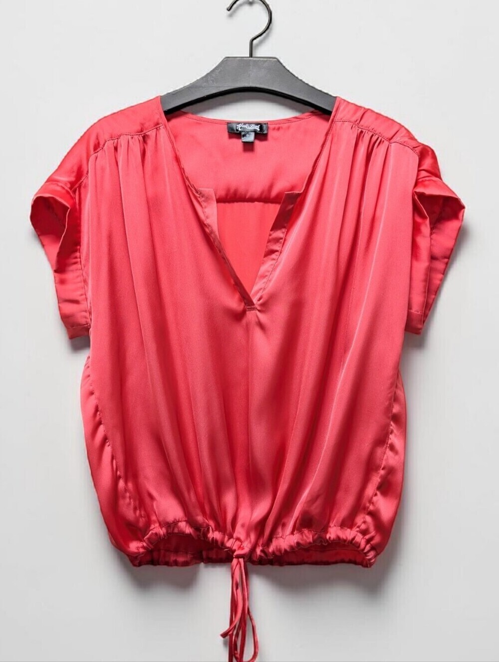 Hale Bob Coral Silk Look Blouse Drawstring Hem Flutter Sleeve V Neck Top Size S